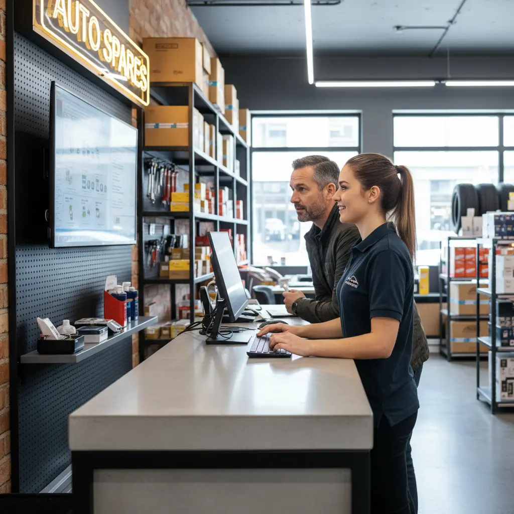 Berater unterstützt Kundin am Tresen